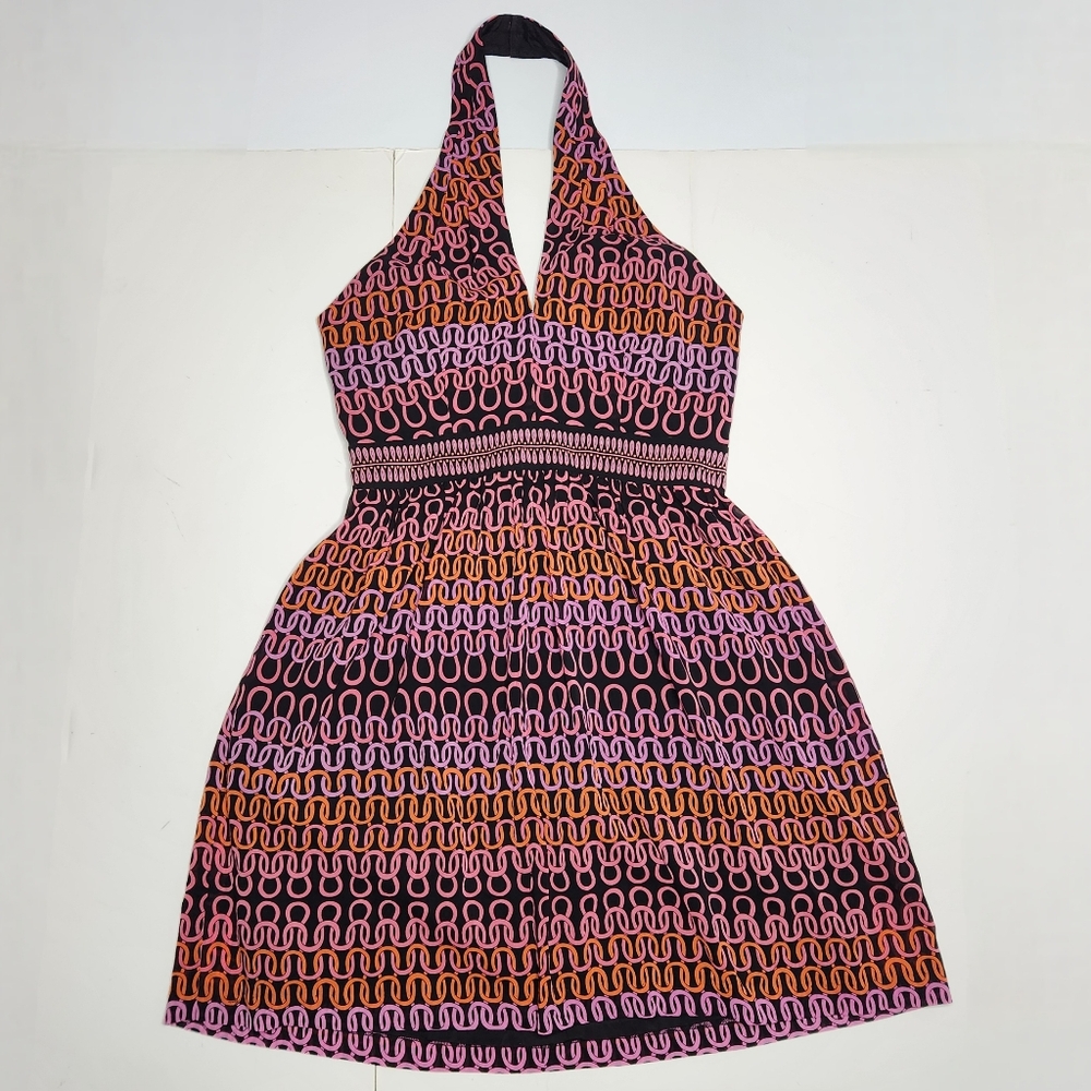 Trina Turk Campania Silk Halter Dress Size 8 Chain Print Pink Black Orange
